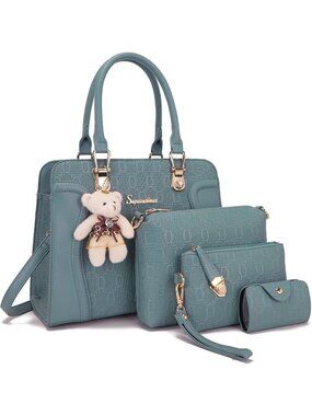 Women's Bon Blue 4Pc Handbag Set Tote Shoulder Satchel Purse with Bear Charm